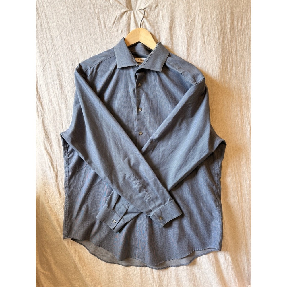 Calvin Klein Slim Fit Non-Iron Striped Cotton Dress Shirt Blue 17 34/35